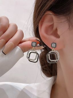 OOMPH - Black & White Drop Earrings - Crystal Square Partywear Women