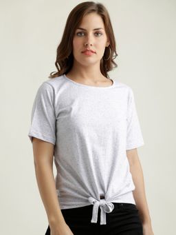 Miss Chase - Women's Grey Round Neck Half Sleeves Solid Knotted Textured Top