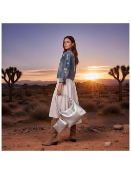 PARTIQ - Armpit One-Shoulder Soft Leather Womens Commuter Simple Handbag With Pouch - Silver (Xl)