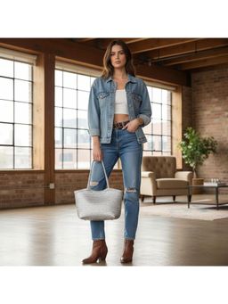 PARTIQ - Retro Imitation Woven Embossed Large Capacity French Niche Casual Handbag - Silver