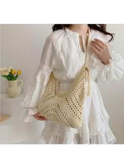 PARTIQ - Large Capacity Woven Straw Womens All-Match One-Shoulder Seaside Holiday Handbag - Off White