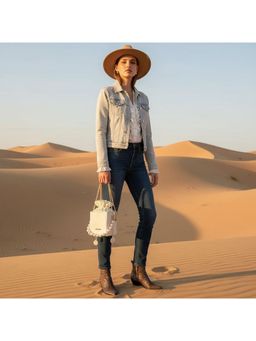 PARTIQ - New Trendy Summer Pearl Chain Texture Versatile Bucket Bag with Detachable Strap - White (M)