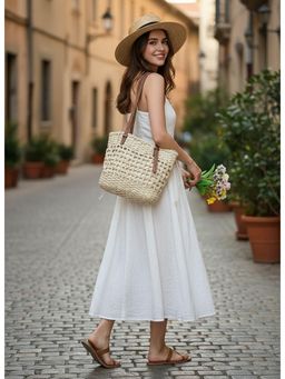 PARTIQ - Straw Seaside Vacation One-Shoulder Beach Handheld Handbag - Off White