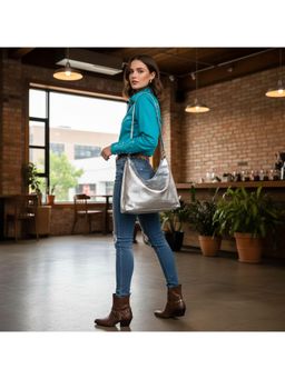 PARTIQ - All-Match French Commuter Soft Leather Handbag With Detachable Strap - Silver (M)