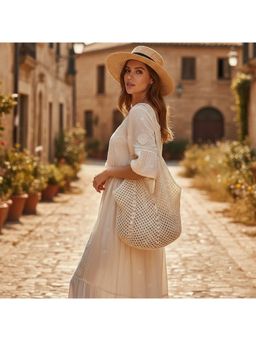 PARTIQ - Woven Hand For Women Travel Commuting Hollow Straw Handbag - Off White