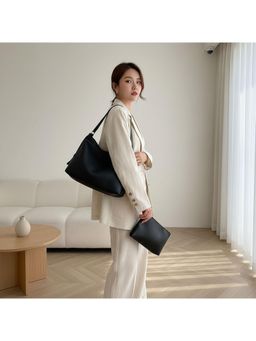 PARTIQ - Soft Leather Casual Mother-And-Child Commuter Handbag with Pouch - Black