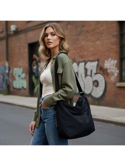 PARTIQ - Large Capacity Pleated Casual Nylon Color Simple Trendy Commuter Handbag - Black (Xl)