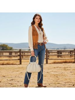 PARTIQ - Lightweight First Layer Cowhide Hand-Carrying Handbag with Detachable Strap - White (M)