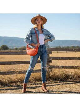 PARTIQ - Litchi Small Handbag with Detachable Strap - Orange (M)