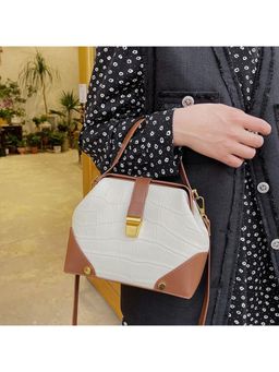 PARTIQ - Trendy Stone Pattern Contrasting One-Shoulder Handbag With Detachable Strap - White (M)