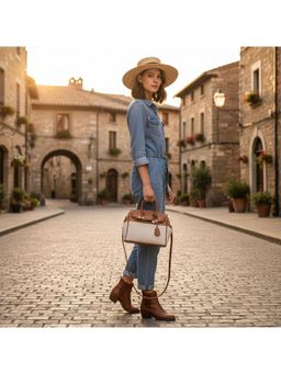 PARTIQ - Canvas Spliced Platinum Hand-To-Hand Fashion Handbag With Detachable Strap - Brown (M)