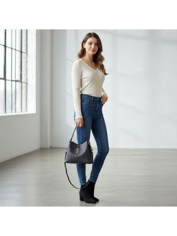 PARTIQ - French Style Large Capacity Simple Western Handbag With Detachable Strap - Black (S)