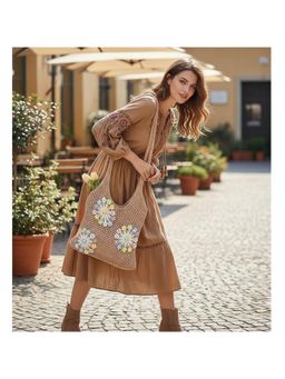 PARTIQ - Cut-Out Commuter Knitted Vacation Beach Handbag - khaki (M)