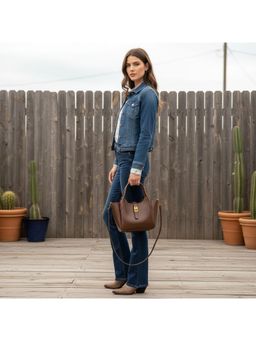 PARTIQ - Retro Commuter Bucket Feel Niche Oil Wax Leather Handbag With Detachable Strap - Brown