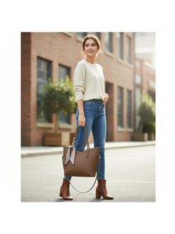 PARTIQ - Trendy Textured Tote Bag - Brown