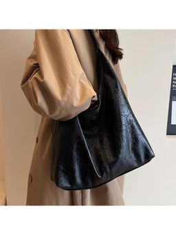 PARTIQ - Retro One-Shoulder Textured Commuter Handbag With Detachable Strap - Black