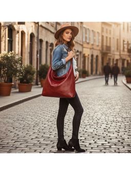 PARTIQ - Retro One-Shoulder Textured Commuter Handbag With Detachable Strap - Red