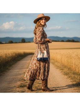 PARTIQ - Portable Canvas Contrast Color Stitching Bucket Bag With Detachable Strap - Blue