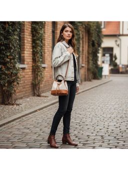 PARTIQ - Portable Canvas Contrast Color Stitching Bucket Bag With Detachable Strap - Brown