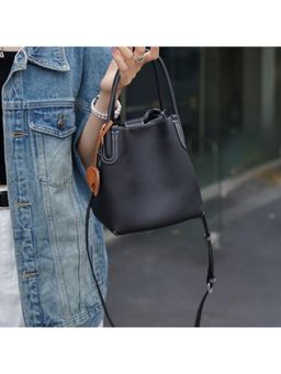 PARTIQ - Leather Hand Basket Handbag with Detachable Strap - black