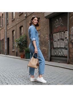 PARTIQ - Leather Hand Basket Handbag with Detachable Strap - Grey