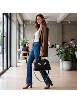 PARTIQ - Solid/Plain Womens Handbag with Detachable Strap - BLACK