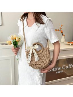 PARTIQ - Handmade Straw Woven Beach Sun Travel Leisure Handbag with Detachable Strap - Brown