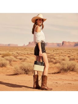 PARTIQ - Retro Contrast Color Bucket Bag with Detachable Strap - Black