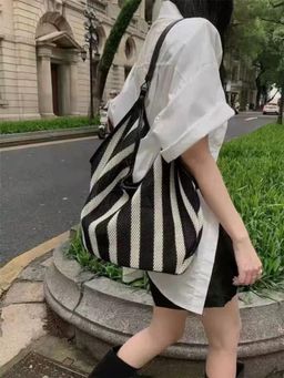 PARTIQ - Striped Woven Large Capacity Tote Bag - Black