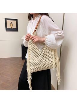 PARTIQ - Tassel Hollow Straw Rattan Bamboo Beach Handbag - Off White