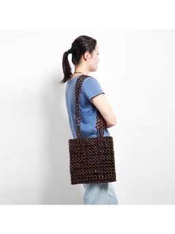 PARTIQ - Single Woven Exquisite Handmade Beaded Japanese Style Straw Handbag - Brown