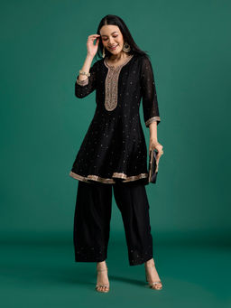 Gajra Gang - Black Silk Embroidered Short Anarakali Kurta & Pant Eastern Souk (Set of 2)