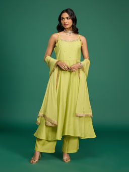 Gajra Gang - Desert Rani Lime Silk Strappy Embroidered Kurta Palazzo & Dupatta