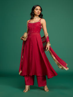 Gajra Gang - Desert Rani Maroon Silk Strappy Embroidered Kurta Palazzo & Dupatta