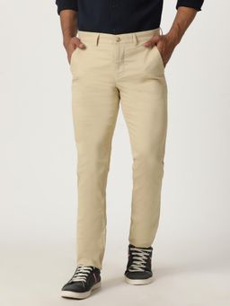Greenfibre - Beige Cotton Stretch Solid Casual Trouser