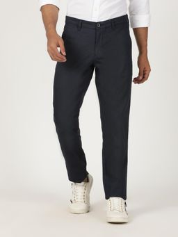 Greenfibre - Navy Blue Cotton Stretch Textured Casual Trouser
