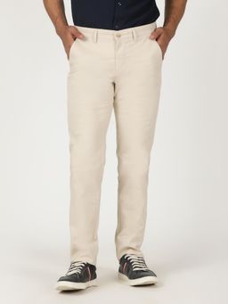 Greenfibre - Cream Cotton Stretch Solid Casual Trouser