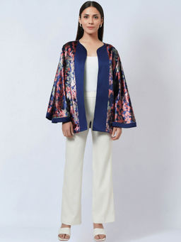 First Resort by Ramola Bachchan - Blue & Rose Gold Floral Velvet Jacket