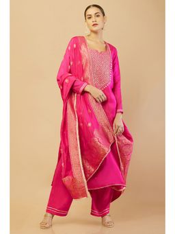 Soch - Magenta Silk Unstitched Dress Material With Woven Designs - 3 Meter Kurta Fabric