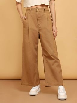 Wrangler - Women Brown Cotton High Rise Loose Fit Trouser
