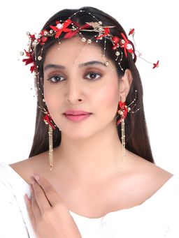 Yellow Chimes - Red and Gold-Toned Floral Beaded Tiara Hair Vine with Earrings