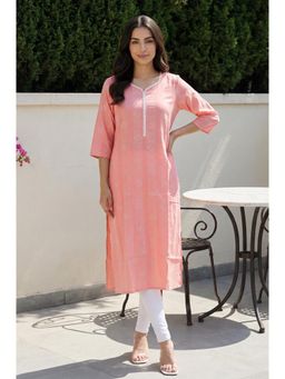 Aurelia - Women's Peach Geometric Printed Cotton Blend Straight Kurta with Lace