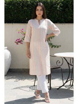 Aurelia - Off White Striped Pure Cotton Straight Kurta