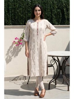 Aurelia - Off White Ikat Buttons Decorative Cotton Blend Straight Kurta