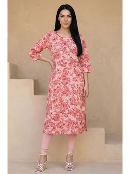 Aurelia - Women's Peach Floral Printed Pure Cotton Straight Kurta