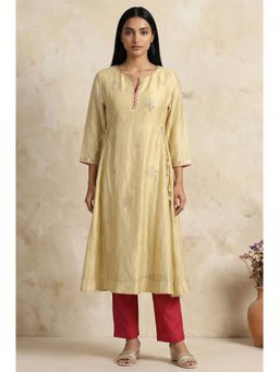 Folksong - Gold Embroidered Mirror Work Cotton Blend A-line Kurta