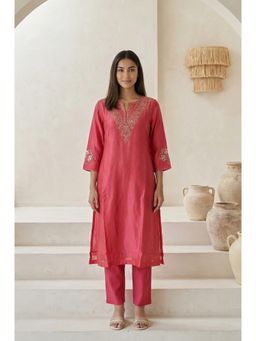 Folksong - Women's Pink Zari Embroidered Cotton Blend Straight Kurta