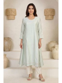 Folksong - Sea Green Embroidered Pearl Work Cotton Blend A-line Kurta