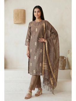 Folksong - Women's Brown Embroidered Jacquard Straight Kurta with Pants and Dupatta Set