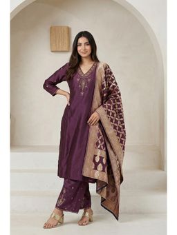 Folksong - Purple Straight Kurta with Parallel Pant & Dupatta